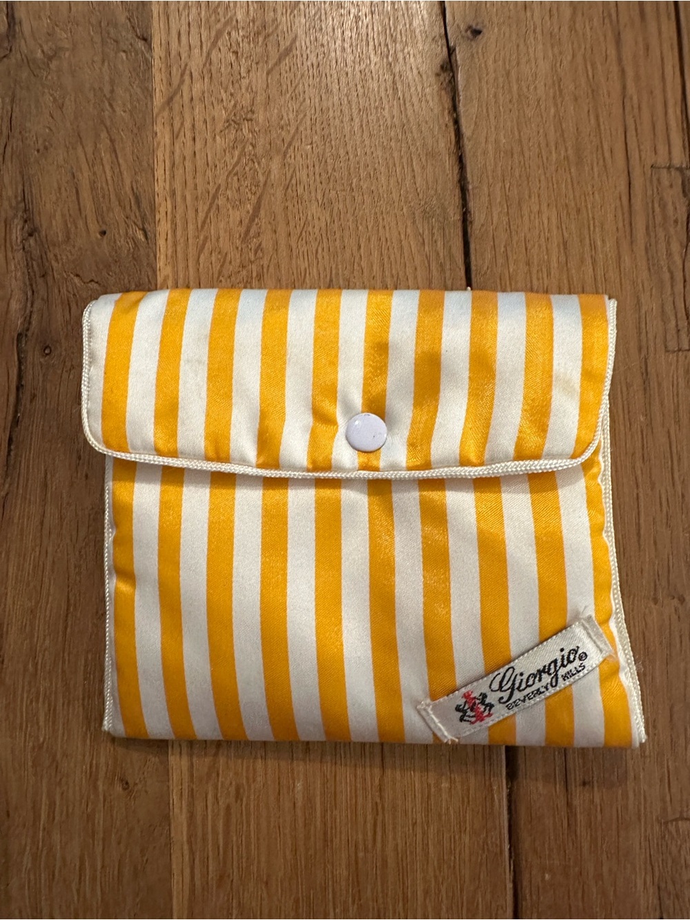 vintage Giorgio Beverly Hills yellow and white striped fabric pouch snap closure